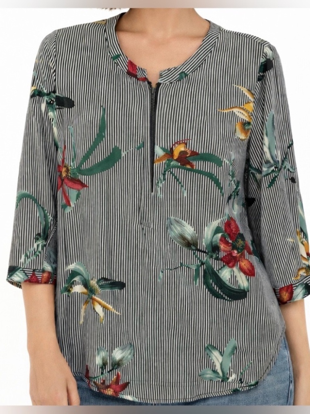 Floral Zipper Long Sleeve Top